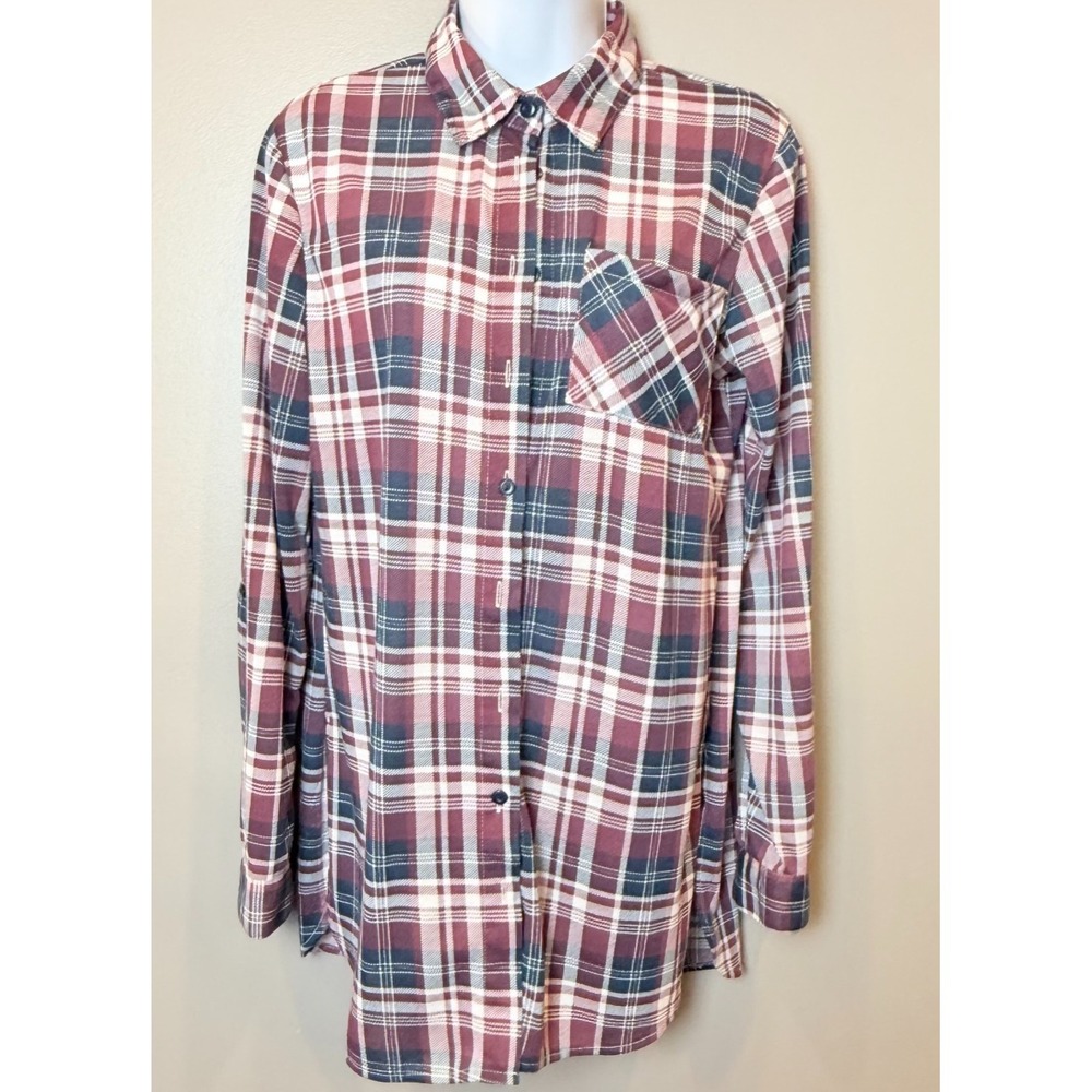 Rue21 Plaid Button Front Shirt Women's Small Burgundy Blue Long Sleeve Boyfriend